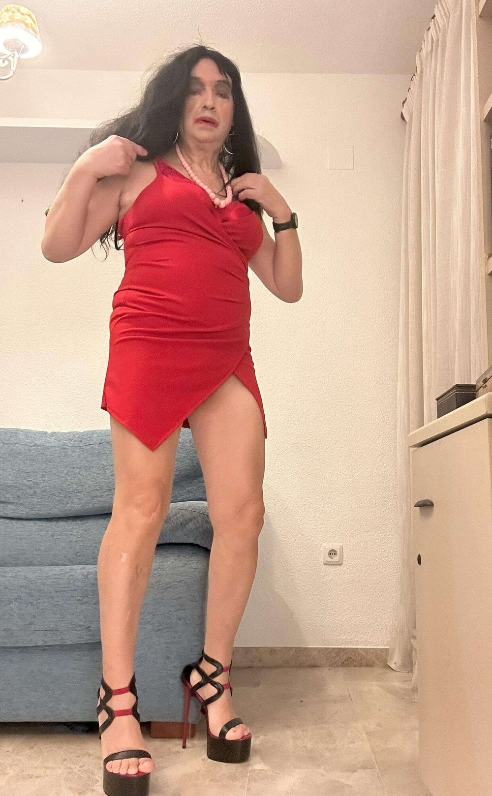 Beautiful shemale poses high heels red dress living room #9
