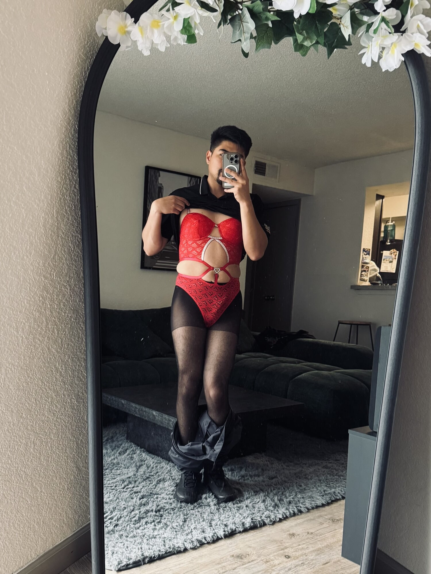 Pantyhose and lingerie under work uniform 