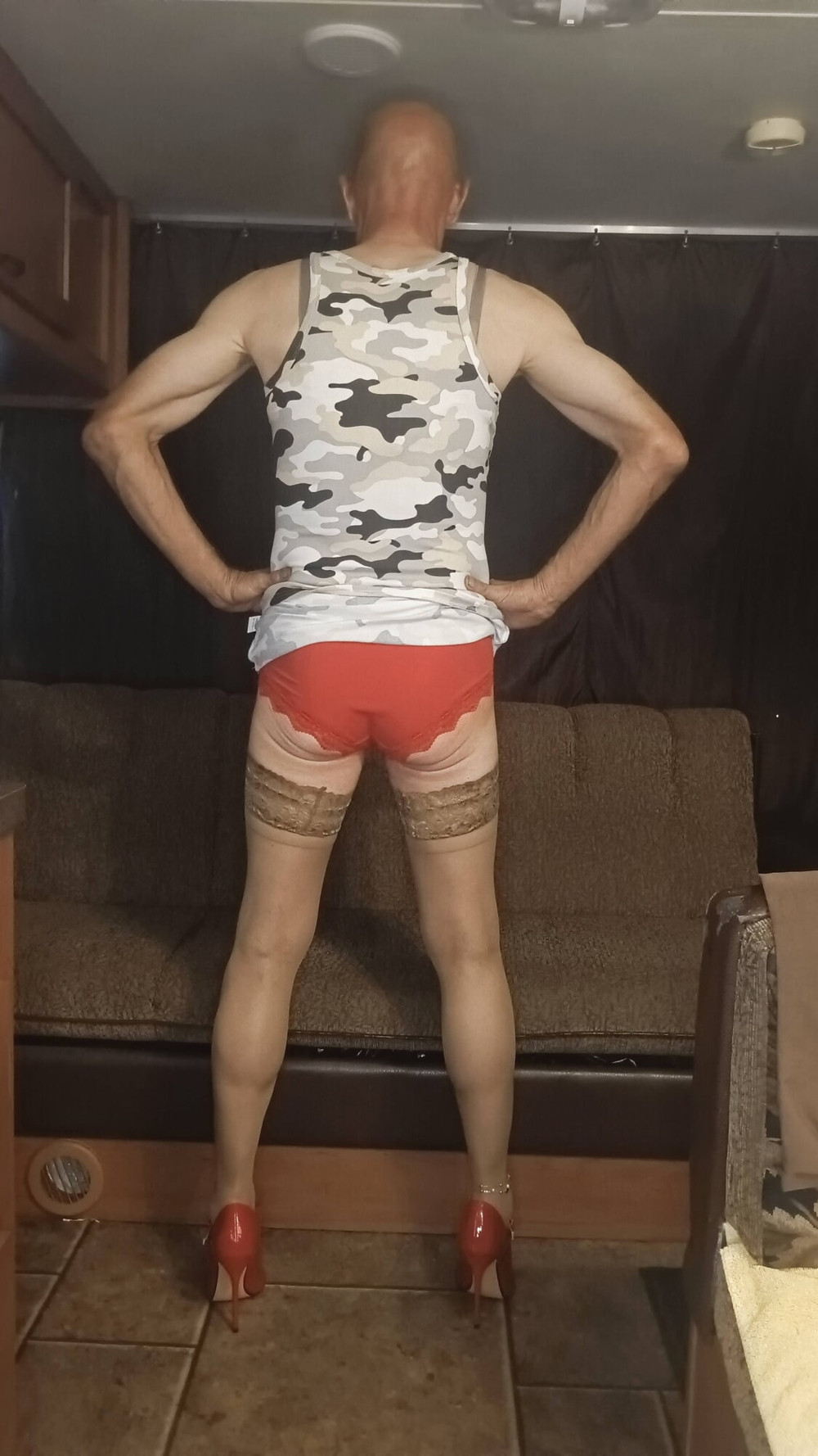 Faggot Andrew Brown in Camo Dress, Thigh Highs and Heels #11