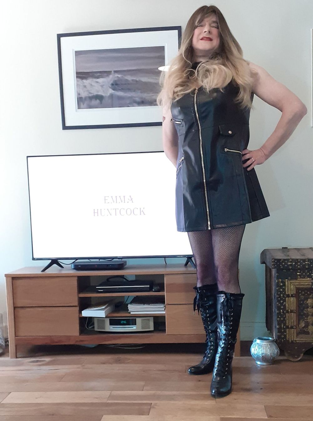 crossdressed in black leather dress #13