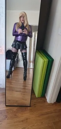 purple latex and long blonde         