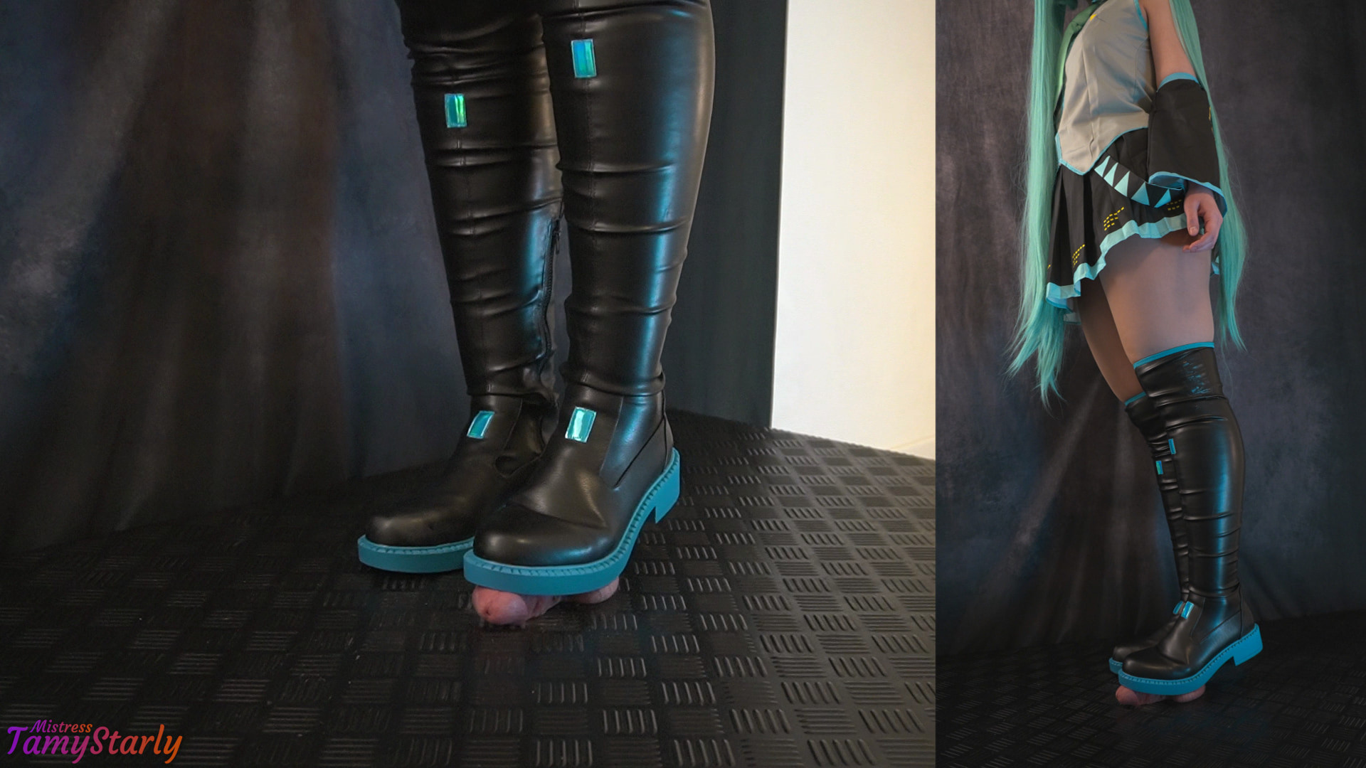 Hatsune Miku Bootjob i Svart og Blå Høye Støvler 