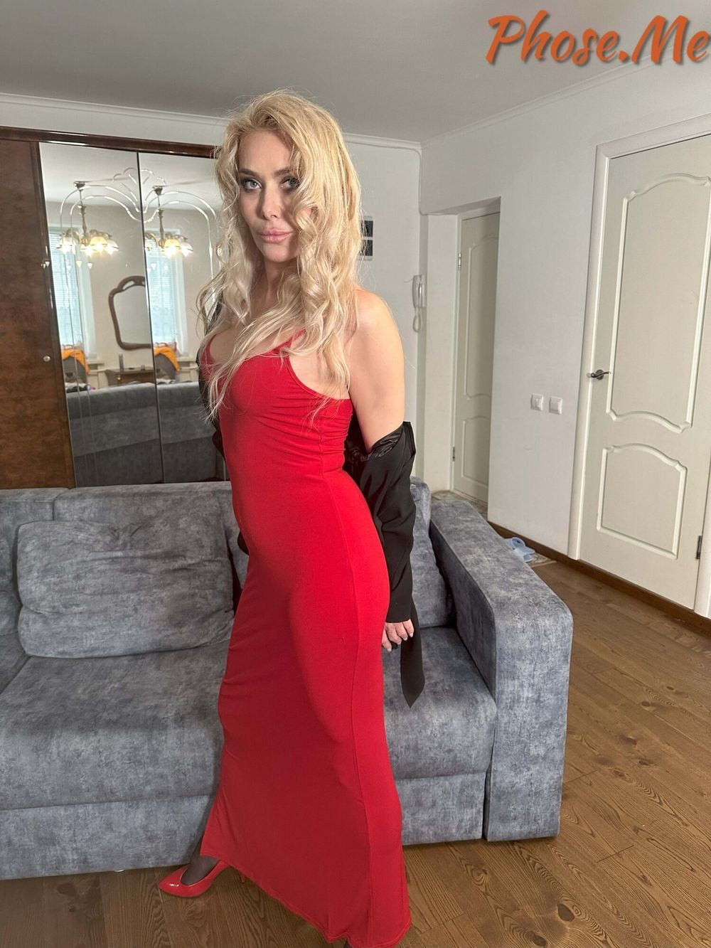 Blonde MIlf In Red Slit Dress, Black Pantyhose and Heels #8