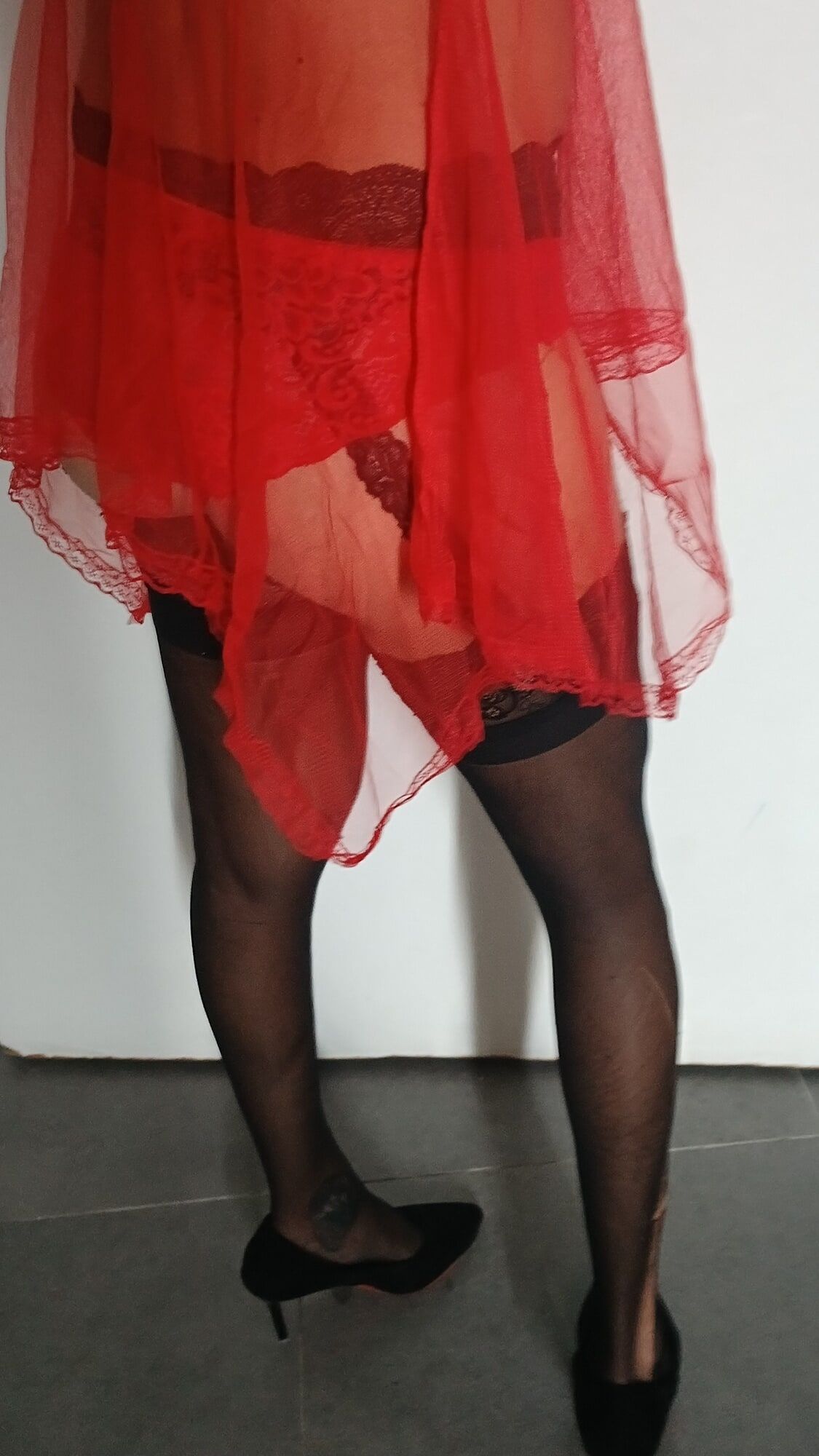Red nightie black stoking high heels  #15