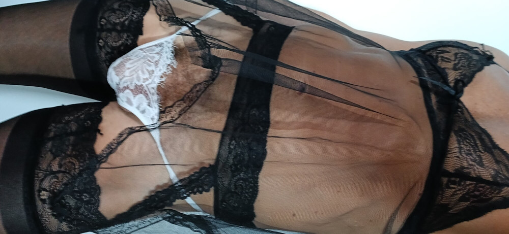 Black stoking white panty and black transparent nightie #2