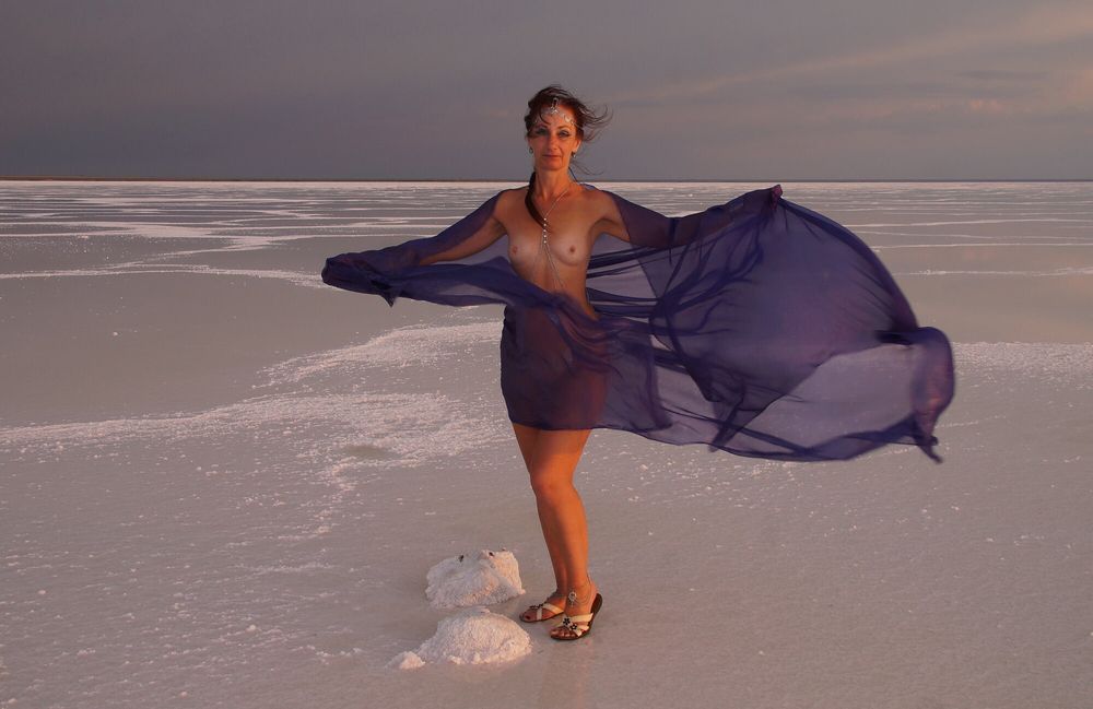 On Sunset-Light with DeepBlue Shawl on Salt- Lake #34