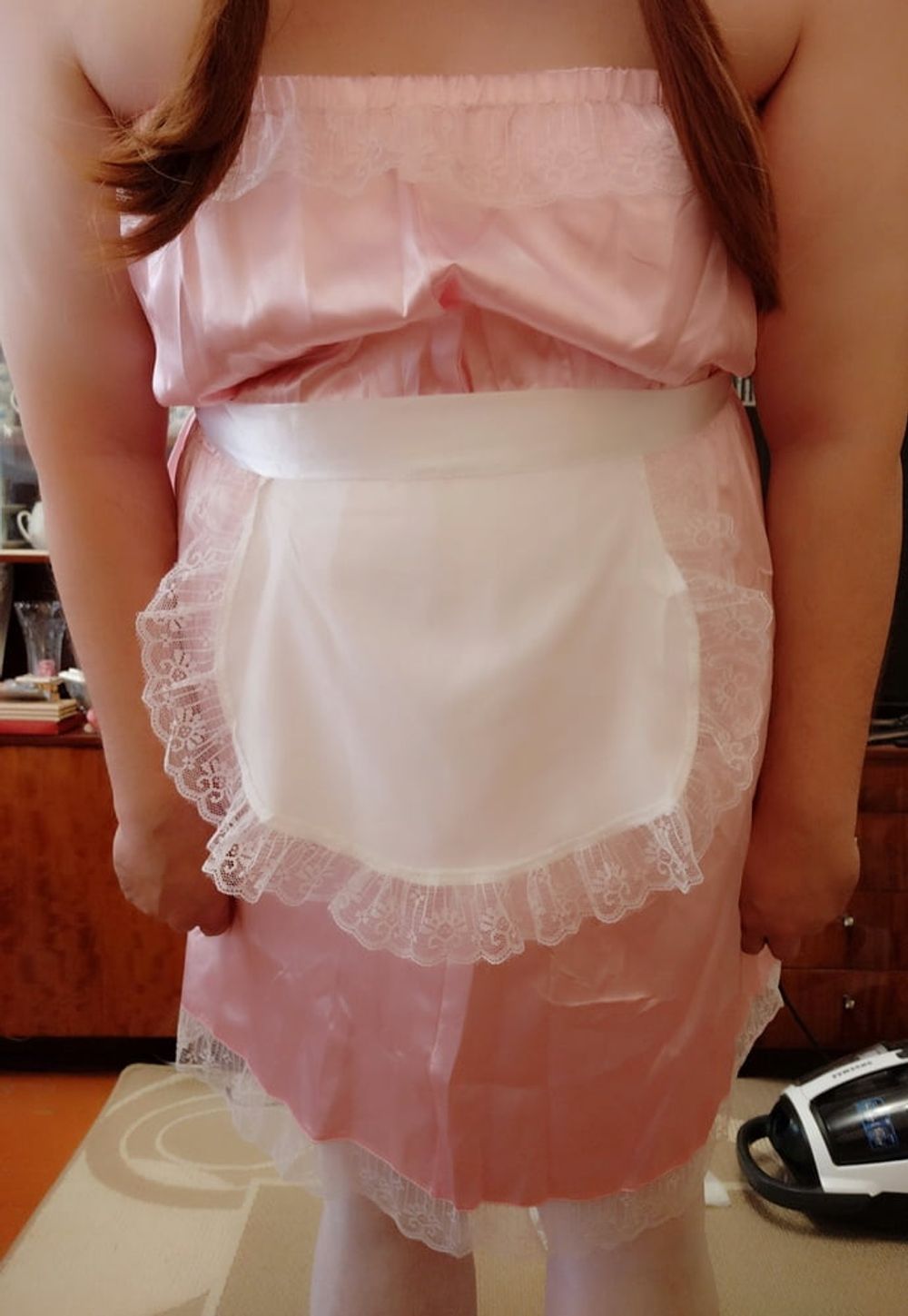 Sissy maid posing in white stockings #42