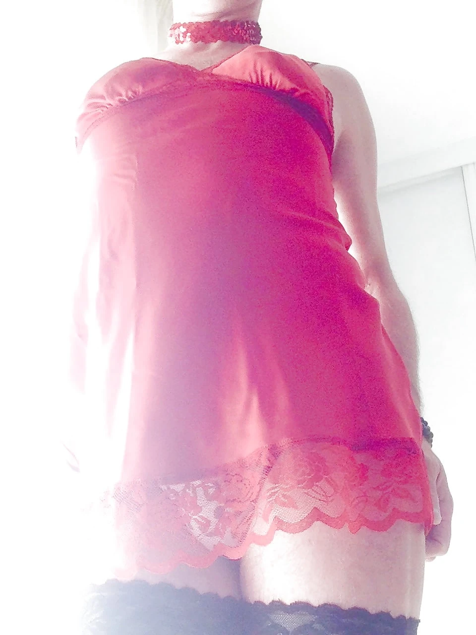 New sexy red satin lingerie and black stockings  #48