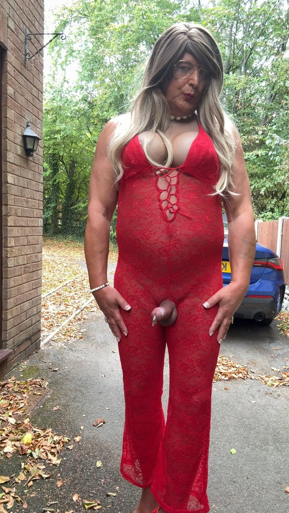 Sexy Crossdresser kellycd2022 in red lace jumpsuit and heels #56