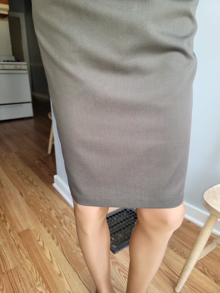 Lined green office pencil skirt with glossy pantyhose  #33