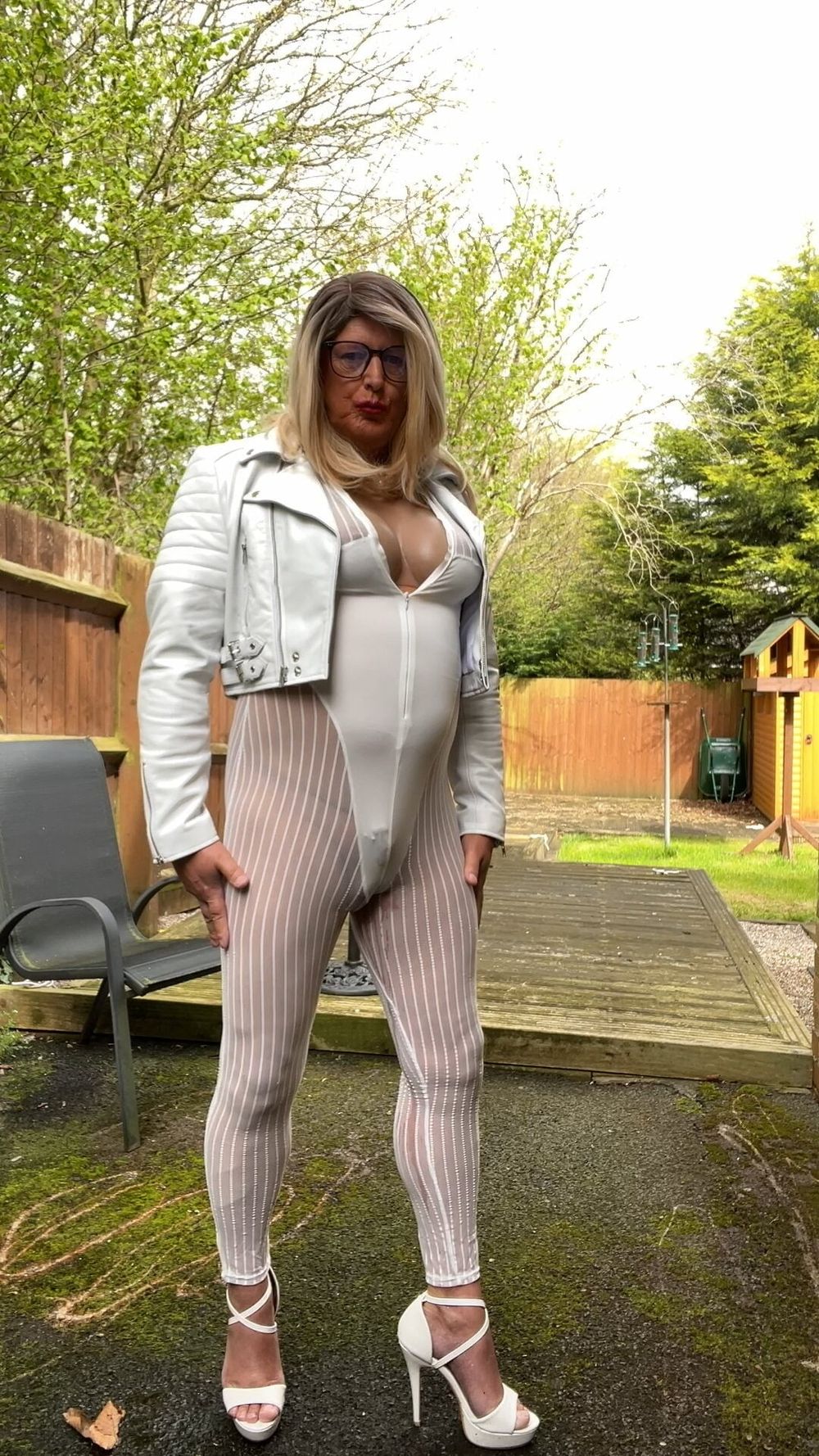 Amateur crossdresser Kellycd2022 sexy Milton white catsuit  #34