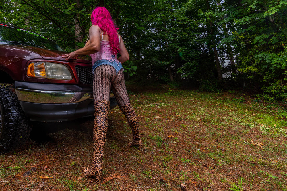 Gigantic fake tits crossdresser washing my truck in Daisy Du #2