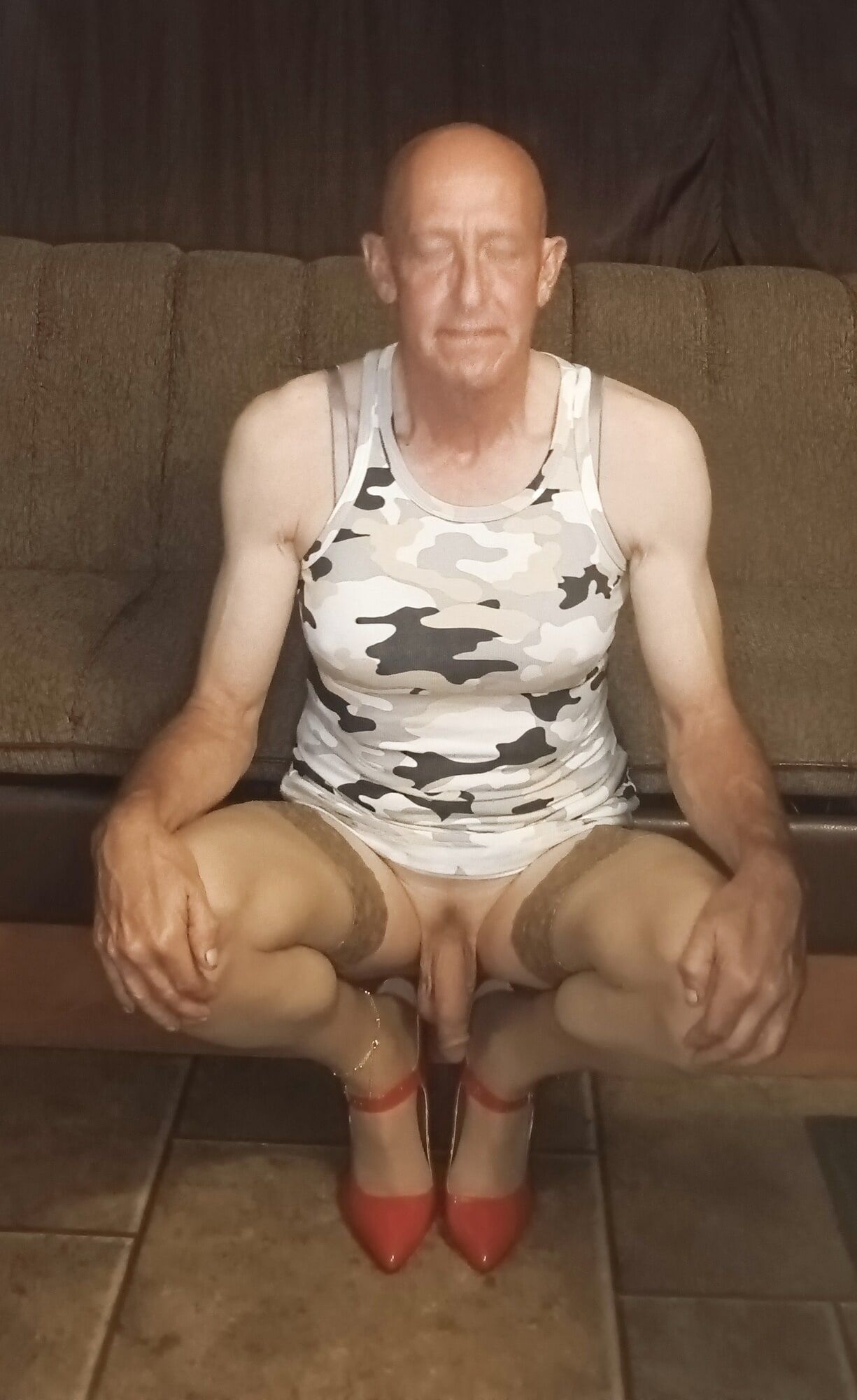 Faggot Andrew Brown in Camo Dress, Thigh Highs and Heels