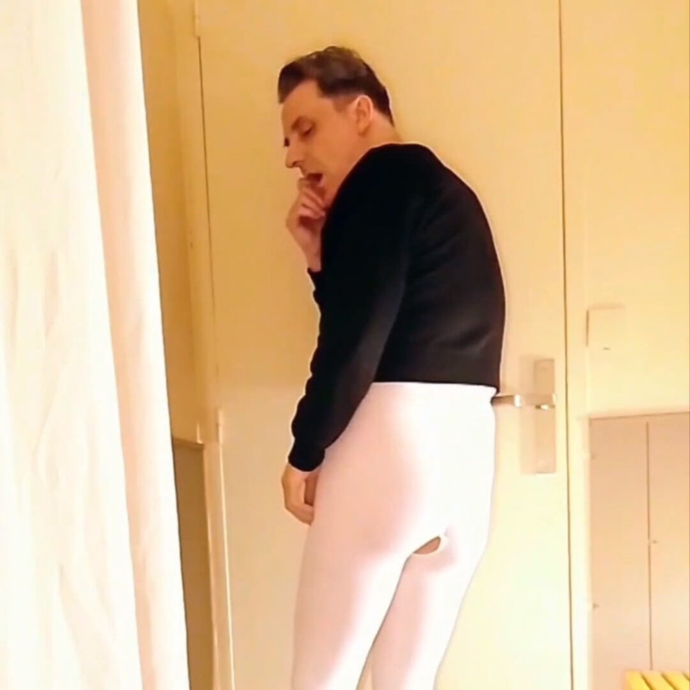 Cock stroking and anal play in white open pantyhose #27