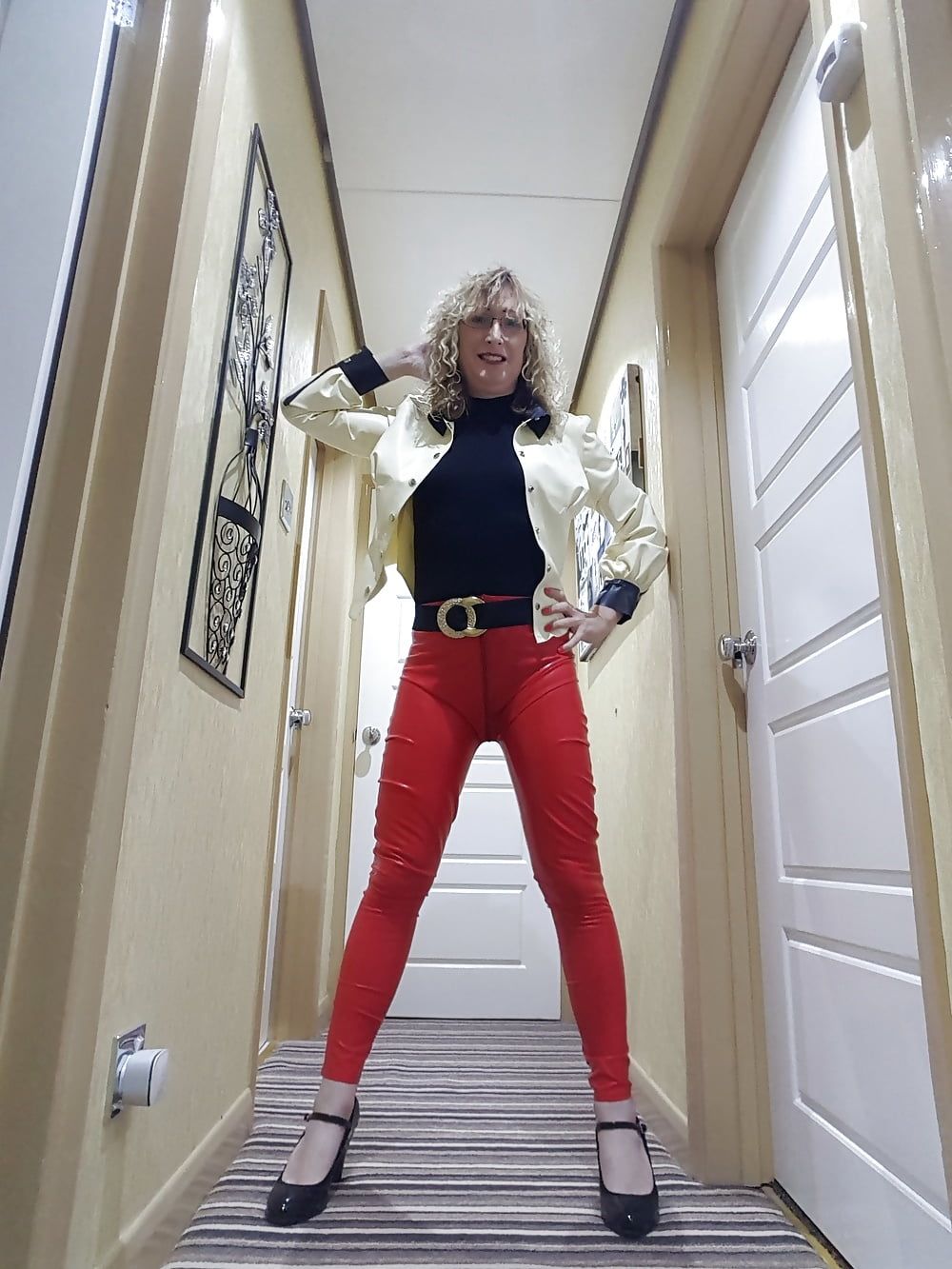 White latex jacket and red latex trousers