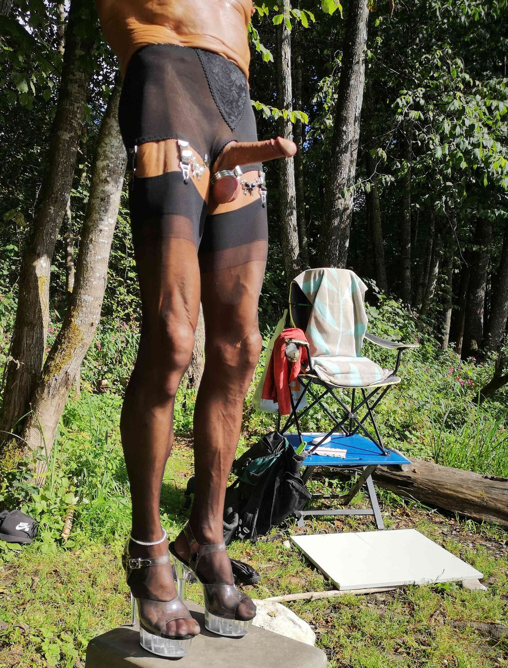 Boner in Suspender Pantie at public Nudist Lake #21
