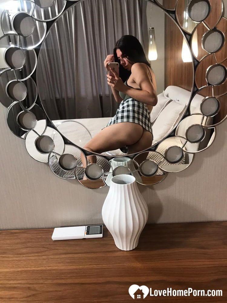 Hot schoolgirl reveals her tits in the mirror #10