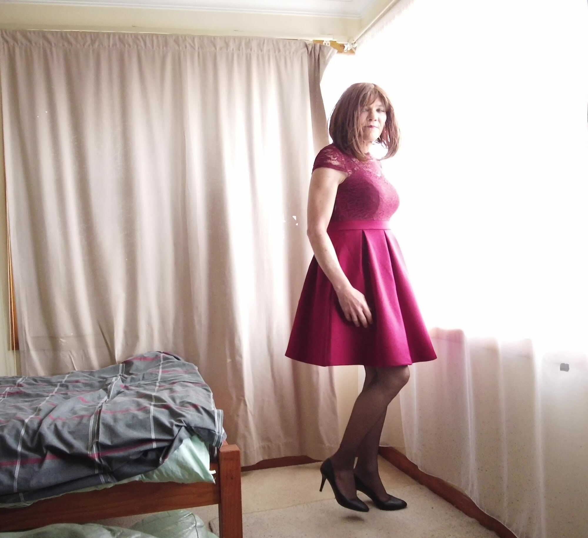 Crossdress Bedroom _ Red Dress Morning Light #2