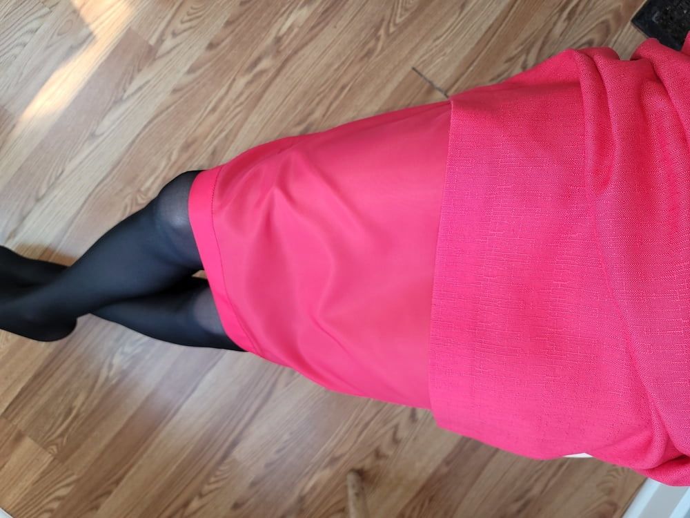 Pink pencil skirt with black pantyhose  #21