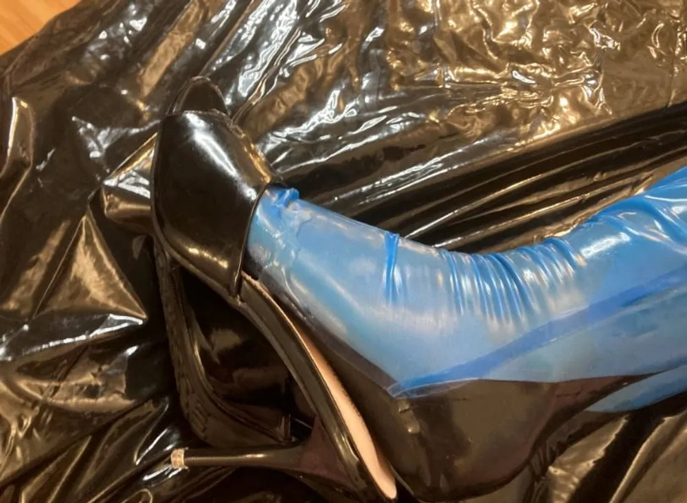 Transparent Blue Latex Stockings and Black Mules #17