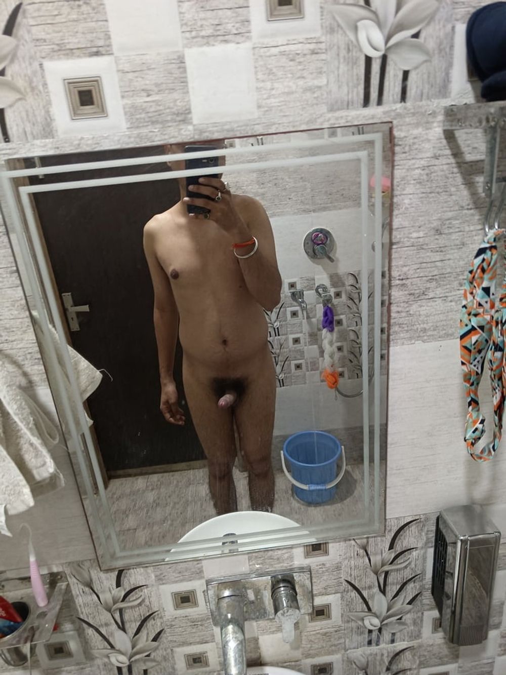 Nude boy having fun in bathroom  #7