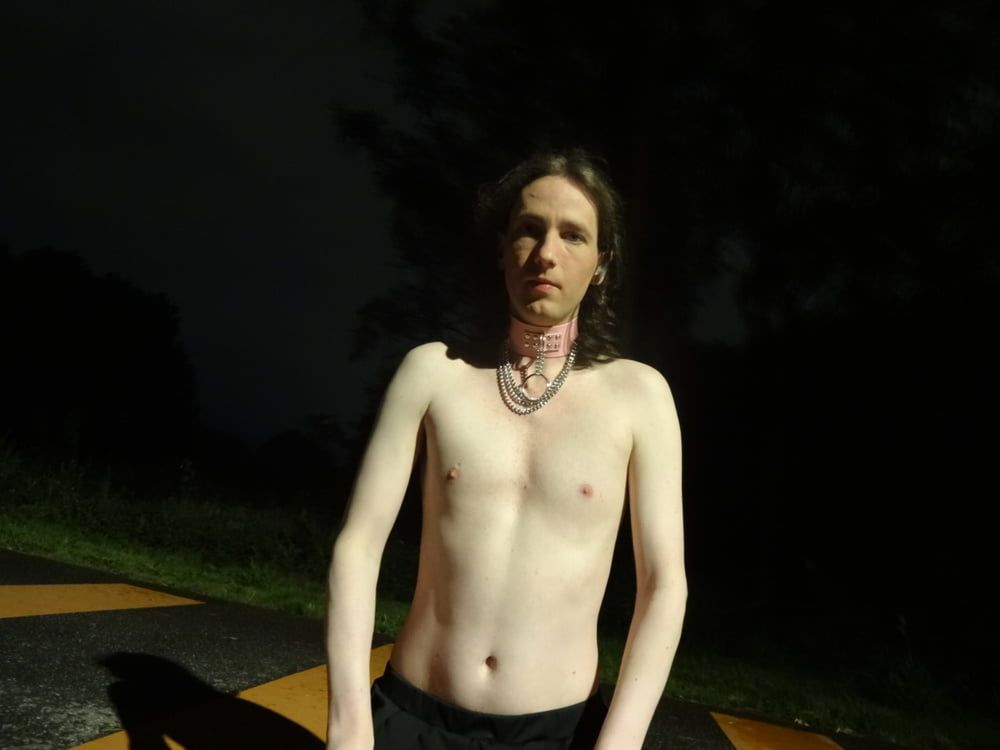 Showing off my new sissy collar outdoors at night #8