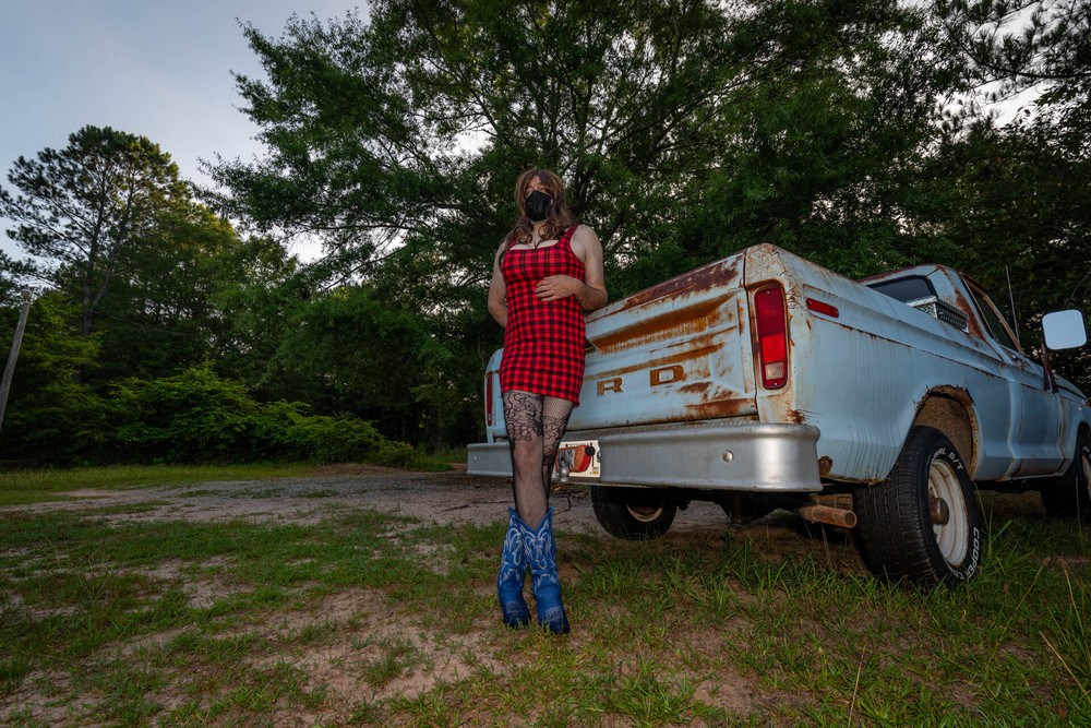 Jon Scarecrow Big Fake tits Crossdresser in Snug Plaid Dress #8