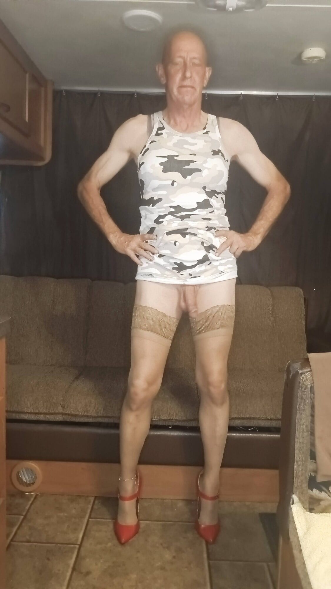 Faggot Andrew Brown in Camo Dress, Thigh Highs and Heels #6