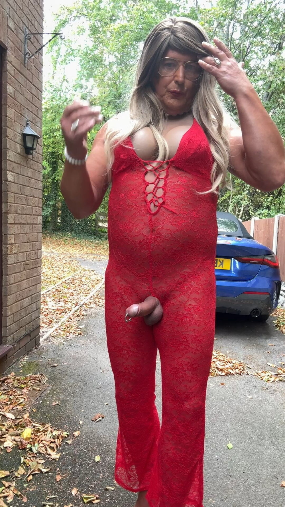 Sexy Crossdresser kellycd2022 in red lace jumpsuit and heels #23