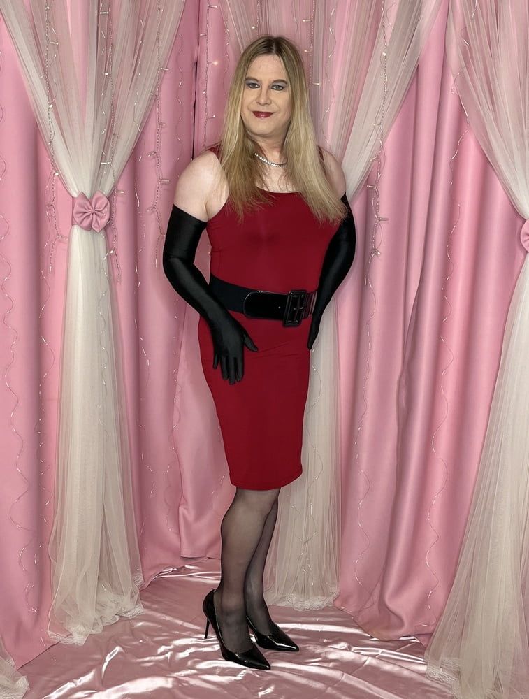Joanie - Red Dress and Y Strap Garter Belt #2