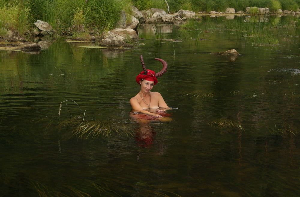 With Horns In Red Dress In Shallow River #30
