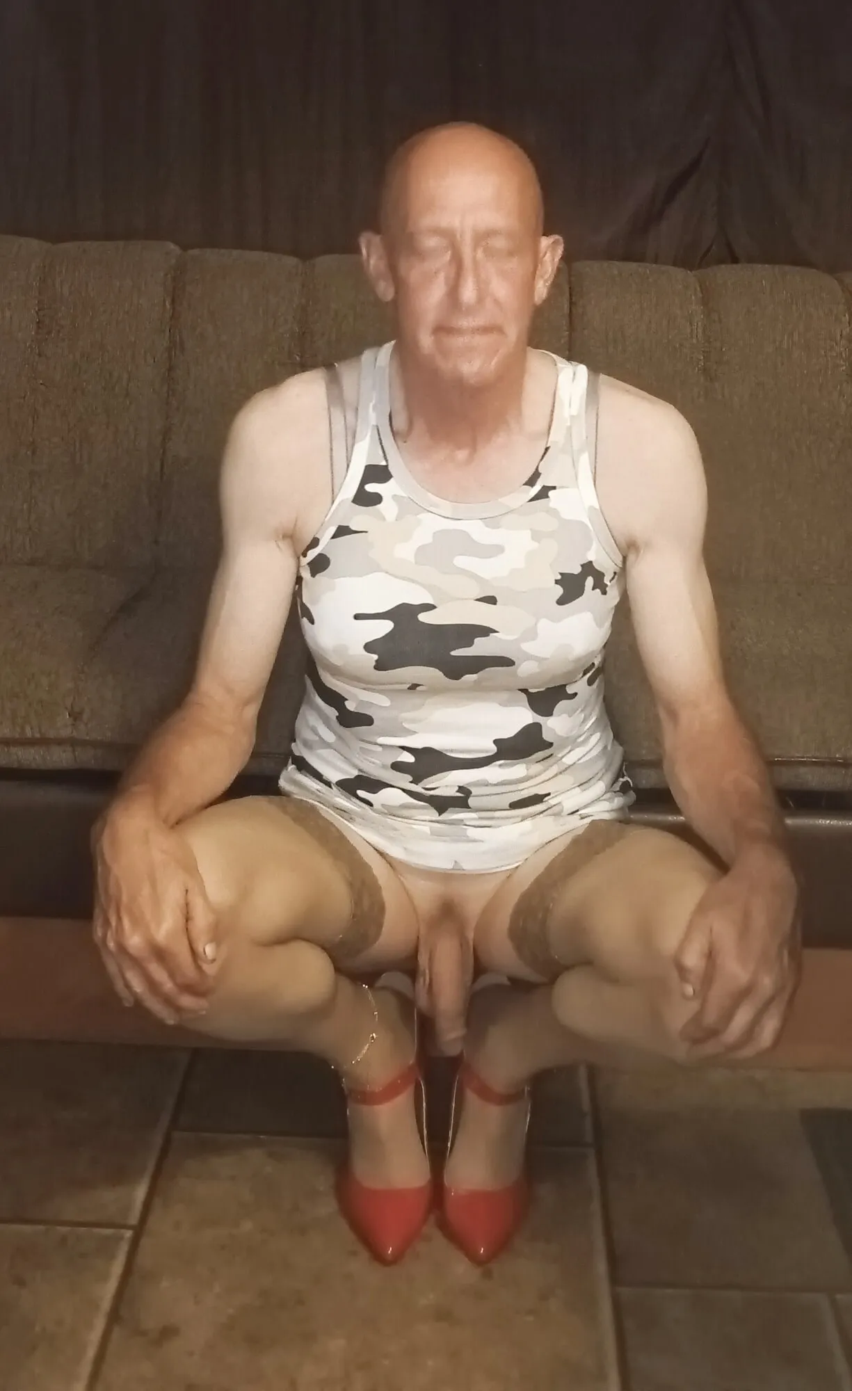 Faggot Andrew Brown in Camo Dress, Thigh Highs and Heels