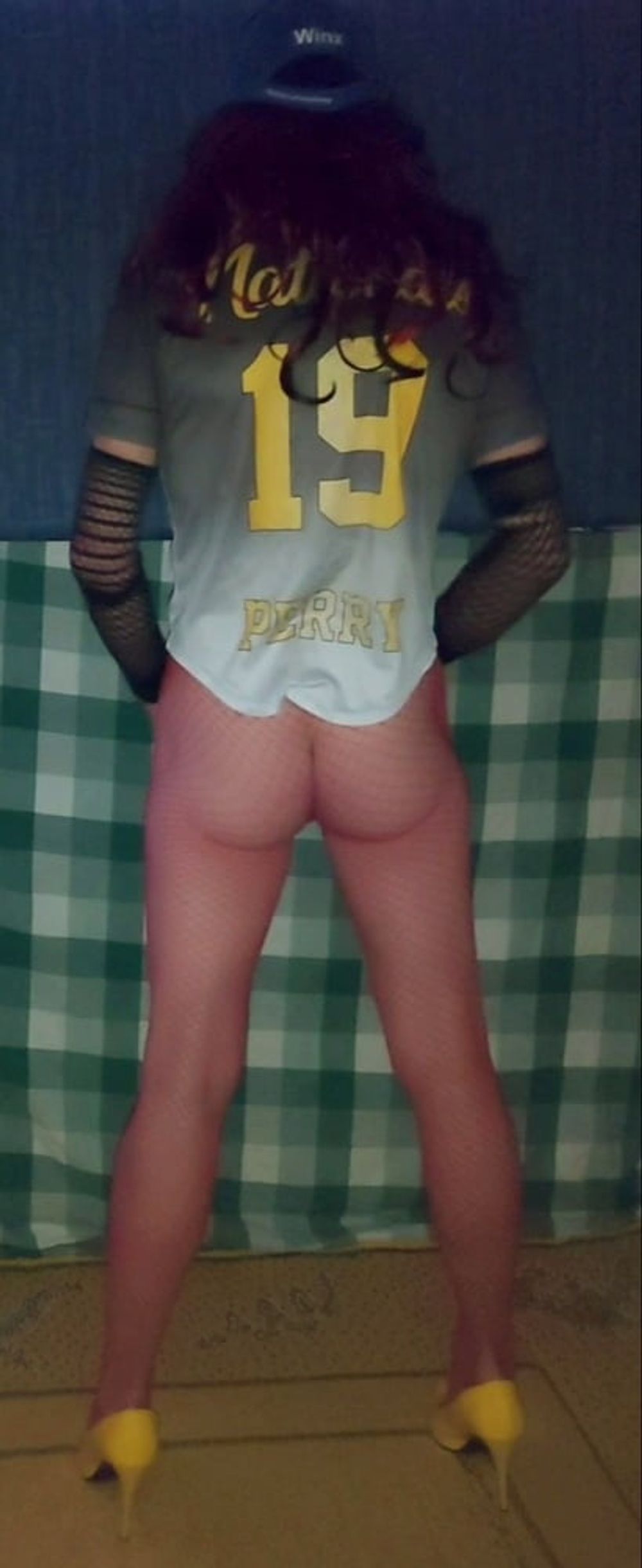 Red fishnet pantyhose ,baseball shirt and tutu  #41