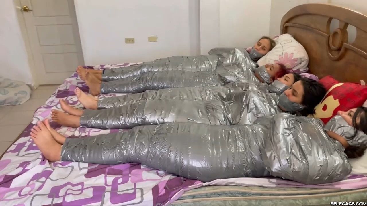 5 Mummified Girls Barefoot In Duct Tape Bondage #17