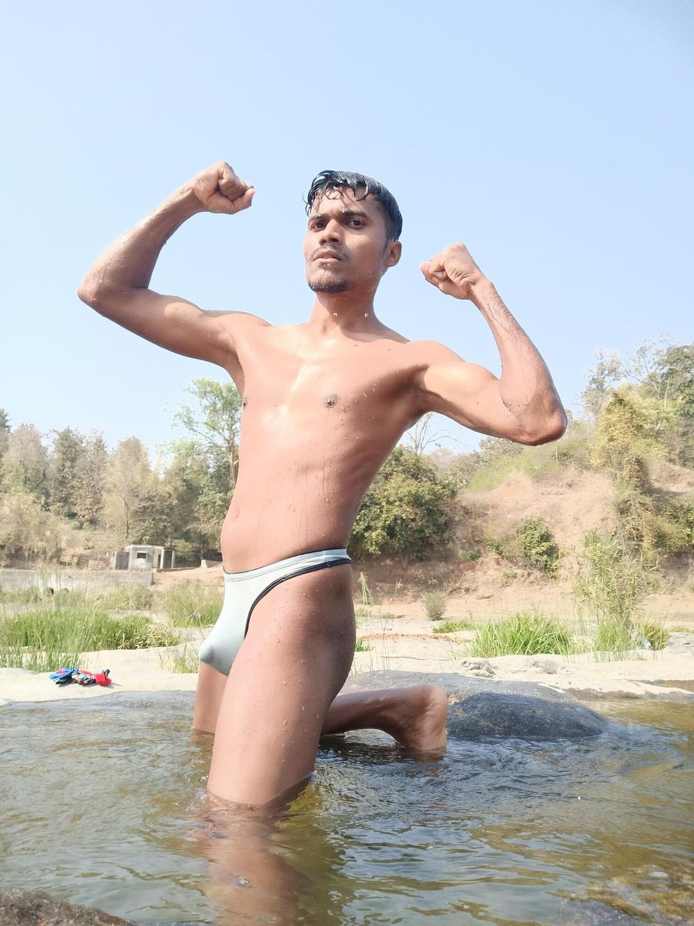 Hot muscular gym boy outdoor in river bathing enjoying swimm #17