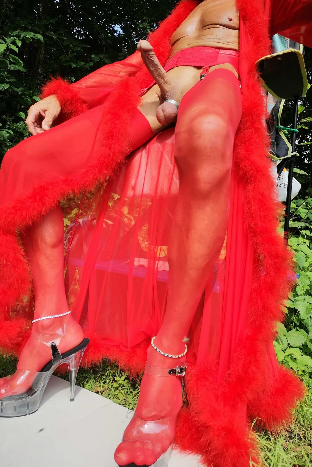Crossdresser in red Lingerie at public Nudist Lake #17