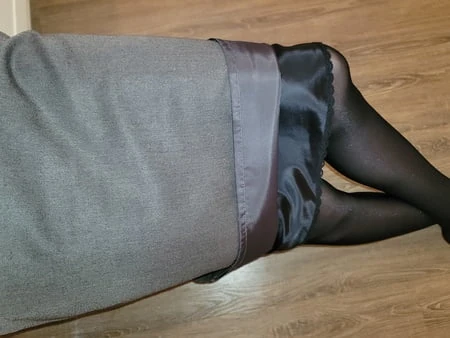 grey pencil skirt with black silky half slip         