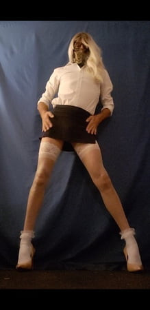 Sandy in black skirt and white lingerie 