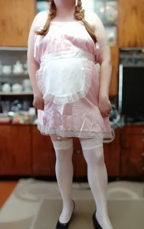 sissy maid posing in white stockings         