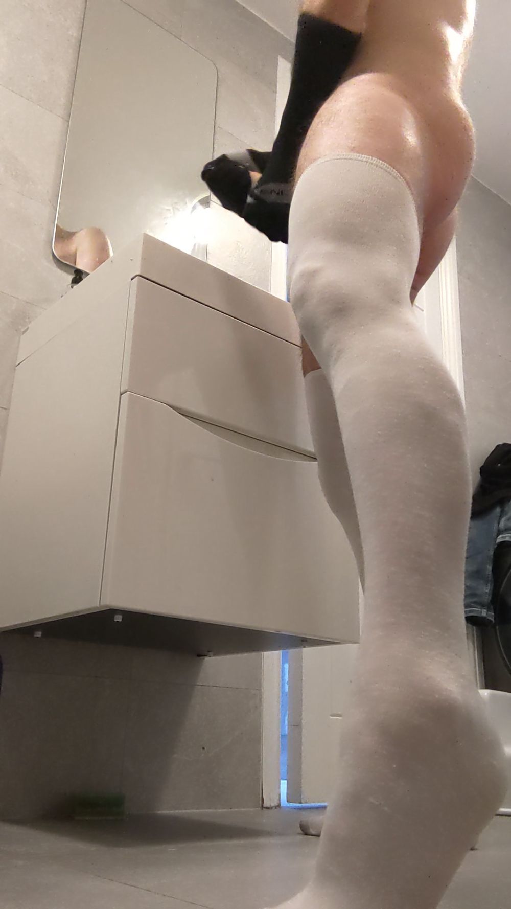 White cotton stockings gripping tightly to feet and legs #7