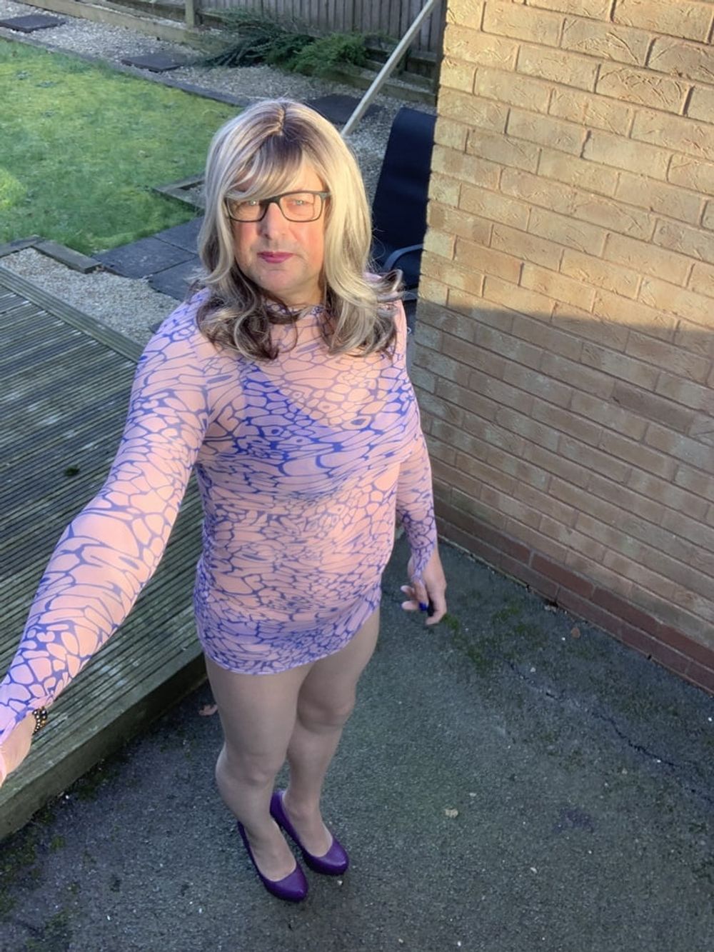 Crossdresser Kellycd in blue and pink see thru dress #11