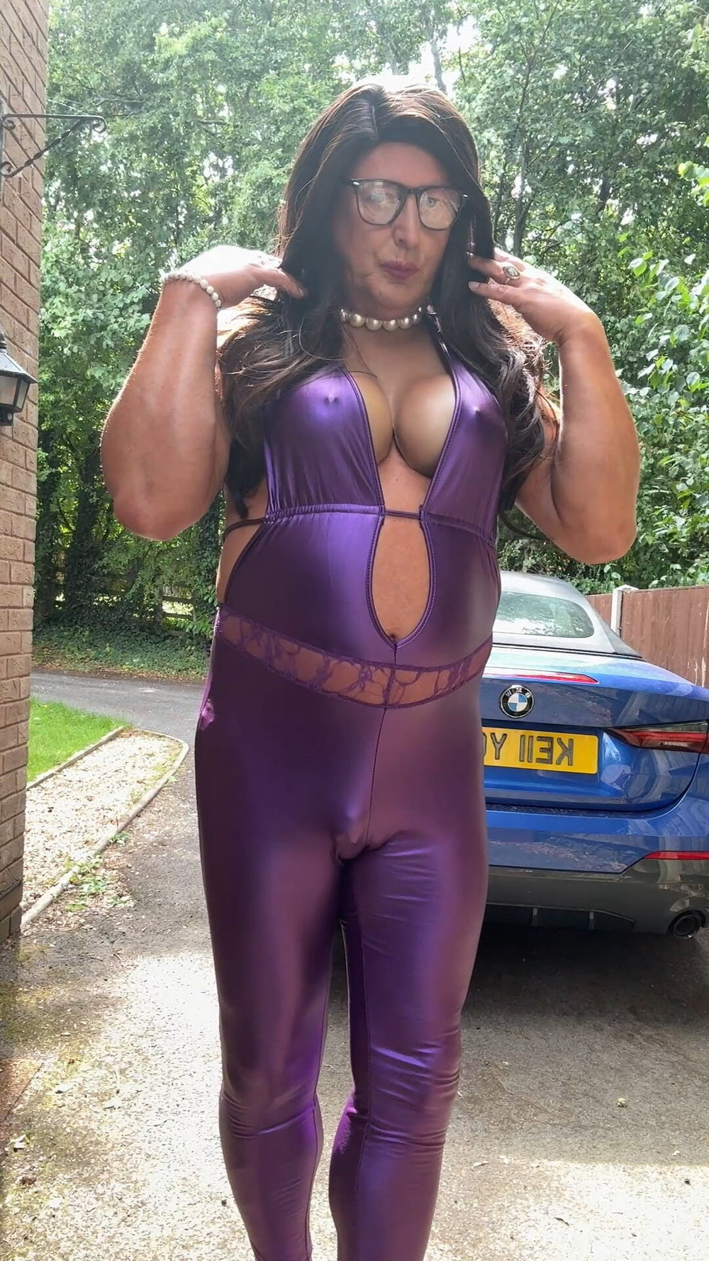 Sexy Crossdresser kellycd2022 in purple pvc catsuit and heel #23