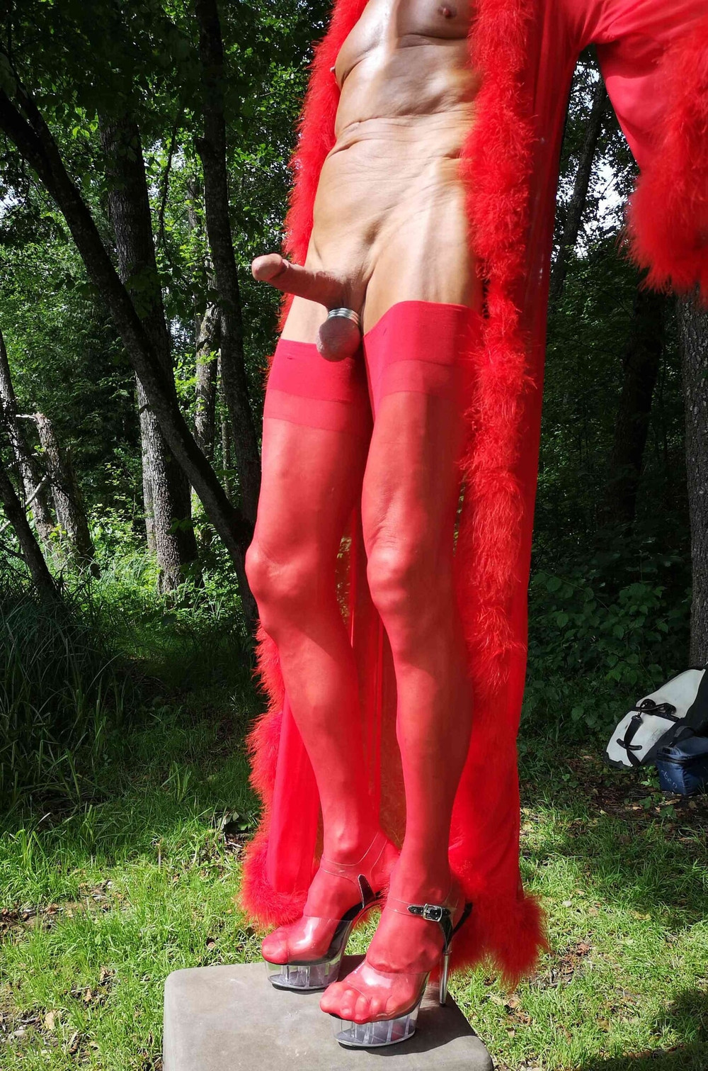 Boner in red Lingerie at public Nudist Lake #18