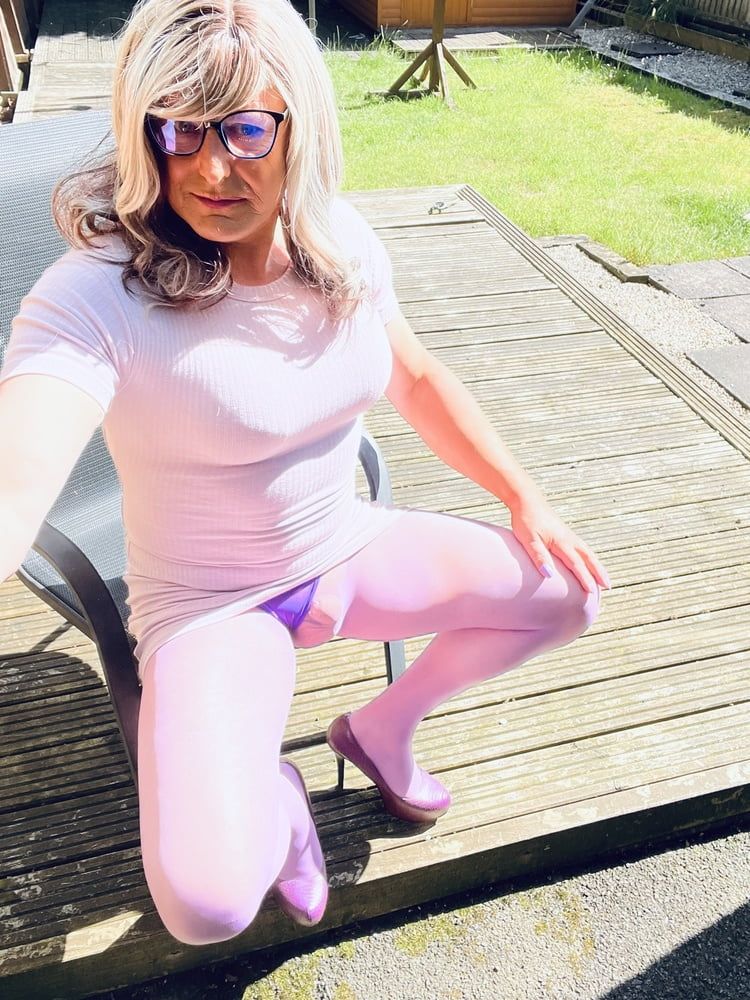 Crossdresser Kellycd in lilac dress and seamless pantyhose  #48