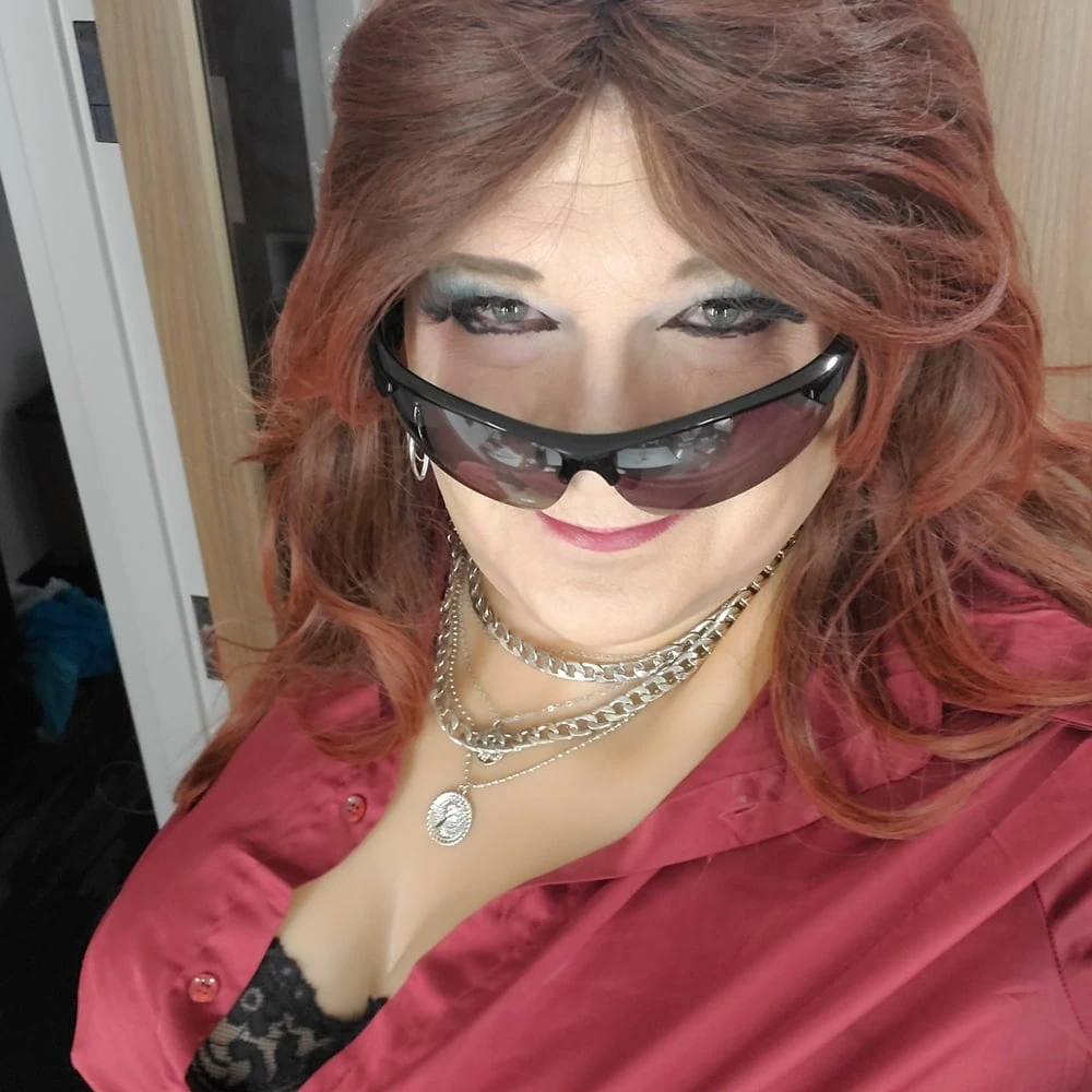 Red Satin Shirt and Black Stockings #47
