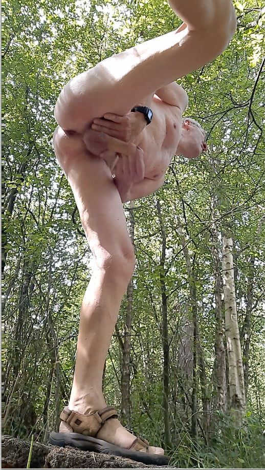 naked exhibitionist jerking in public outdoor woods with cum #16
