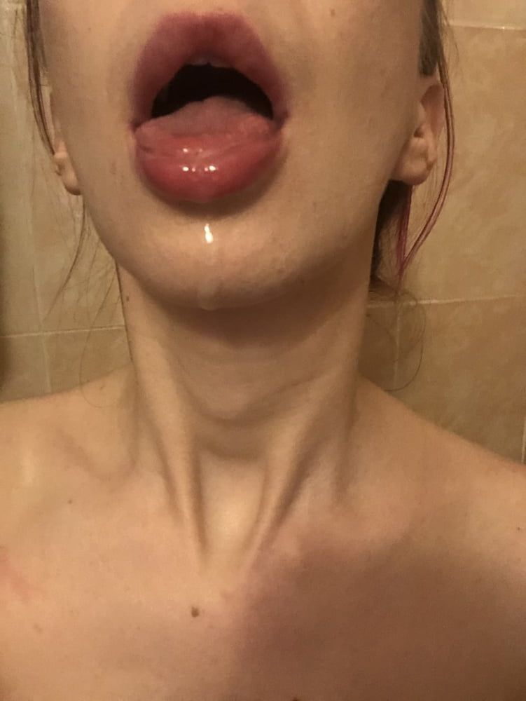 Close-up of pussy and drool in bathroom