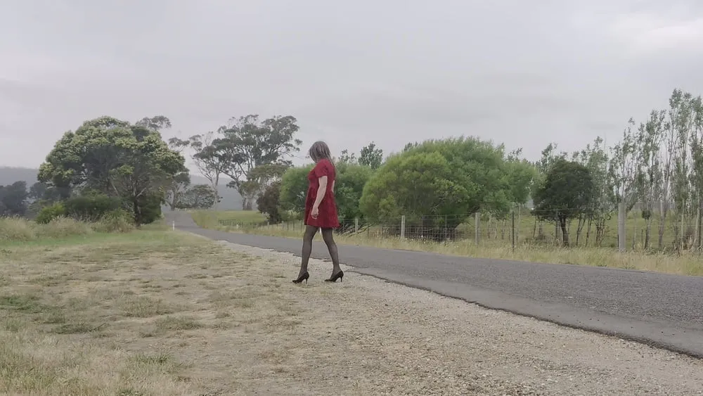 Crossdress road trip red dress #7