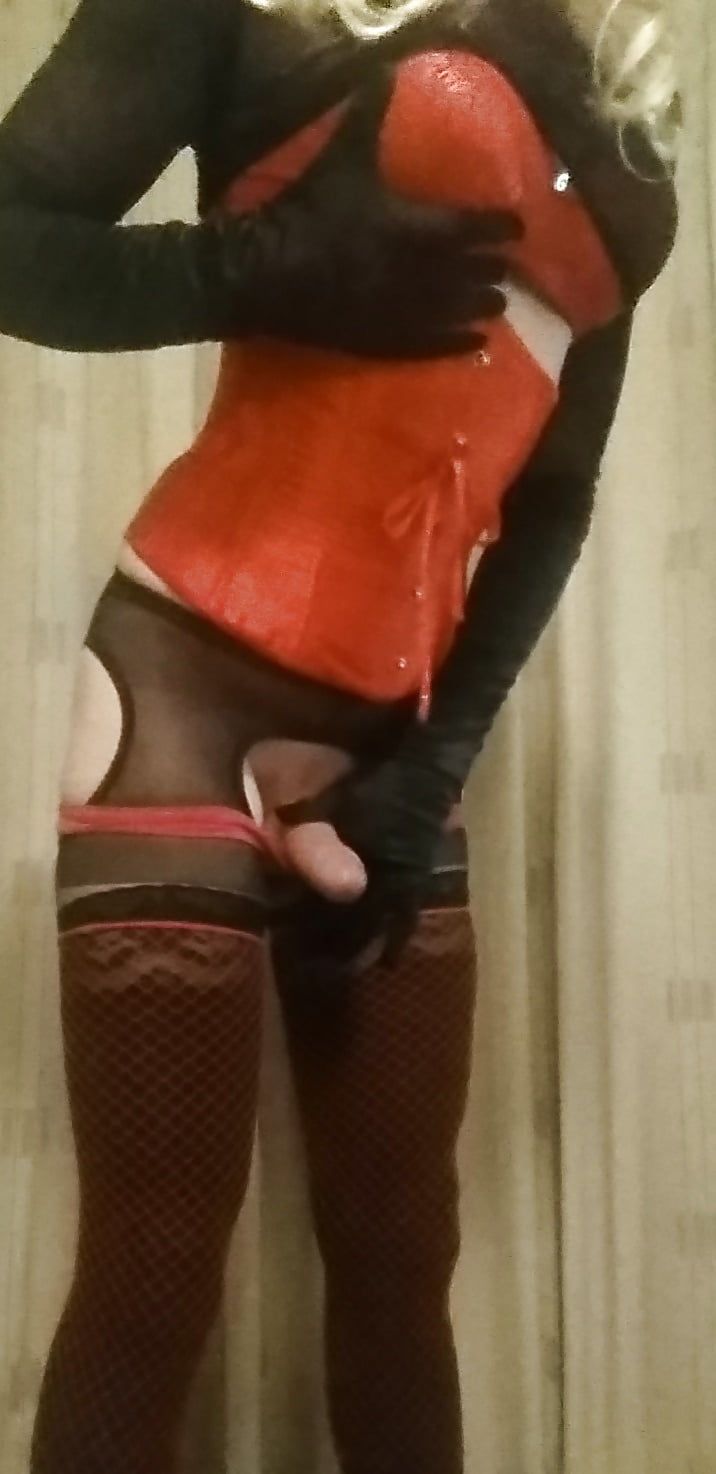 Red and Black lingerie and my hard cock #12