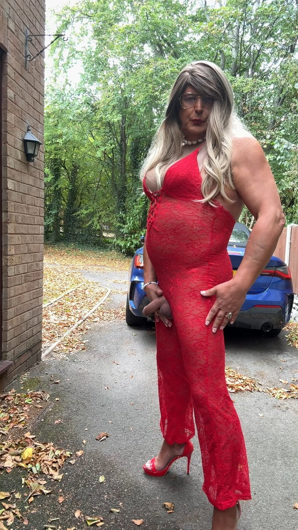 Sexy Crossdresser kellycd2022 in red lace jumpsuit and heels #19